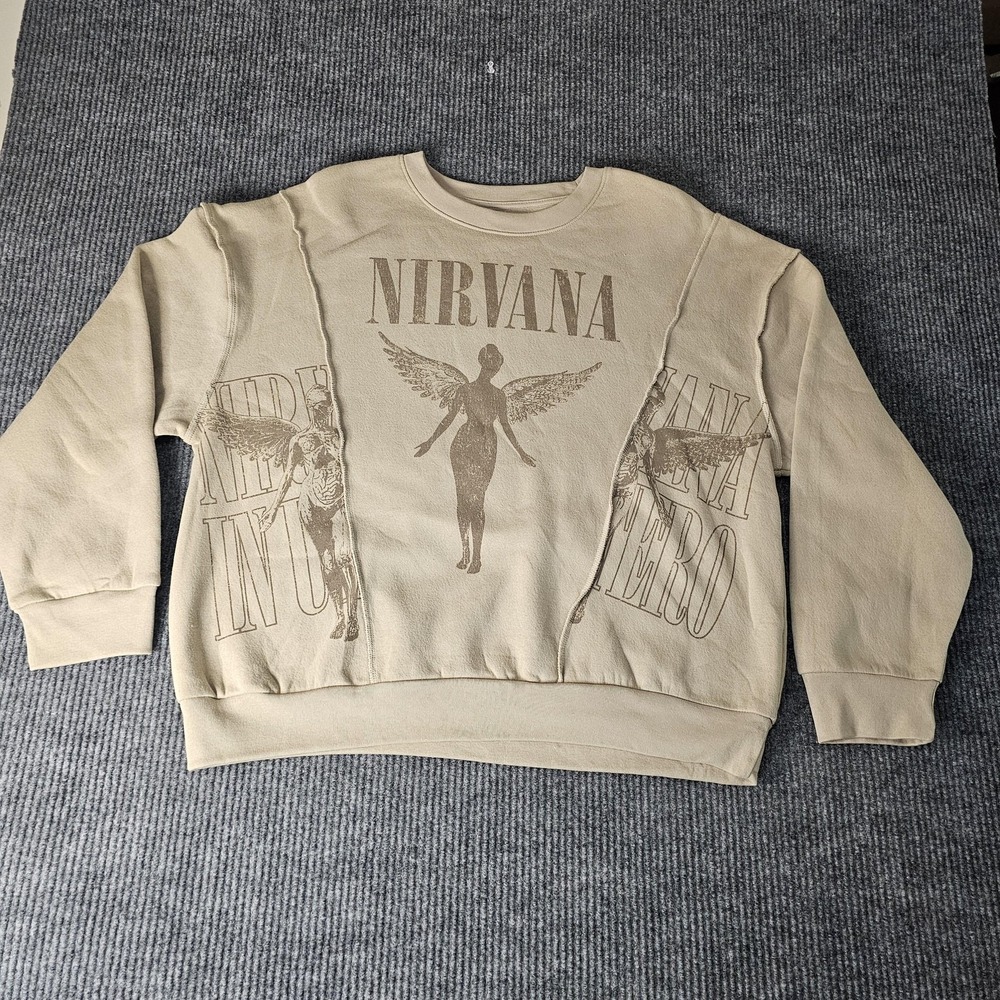 Nirvana Sweatshirt Mens XL Beige In Utero Angel Graphic Pullover Fleece Crewneck